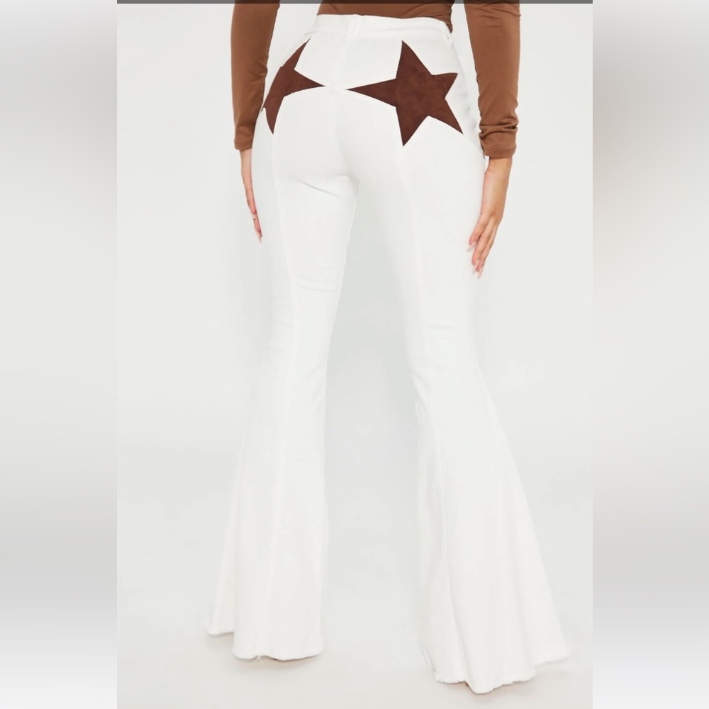 White Flare Jeans with Brown Star Accents